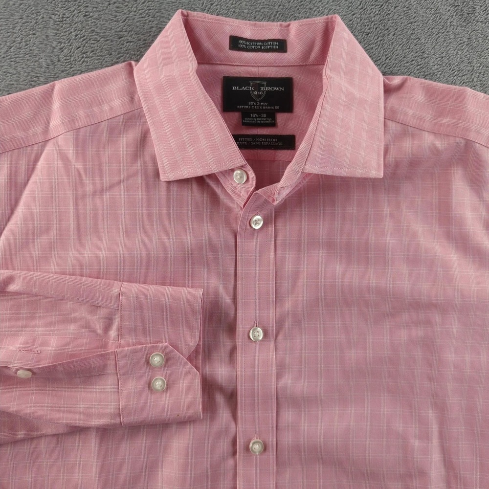 Black Brown 1826 Shirt Mens 16.5 Slim Fit Pink‎ Check Non Iron Dress Shirt